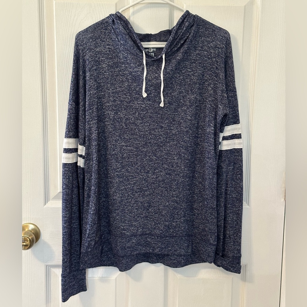 Women’s Navy Heather Hooded Pullover Sweater with Striped Sleeves
